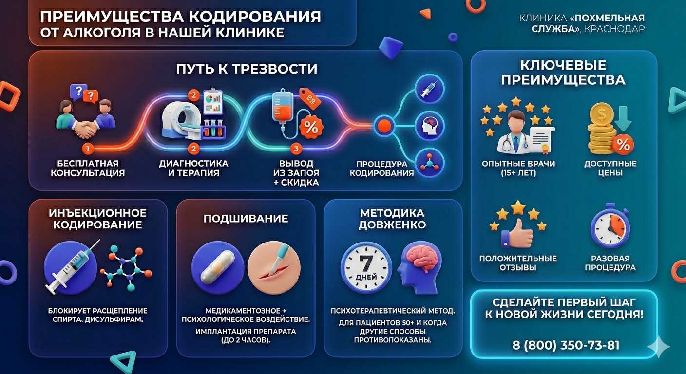 Инфографика о методах кодирования от алкоголя в Навле: инъекции, подшивание, метод Довженко. Преимущества клиники и этапы лечения.